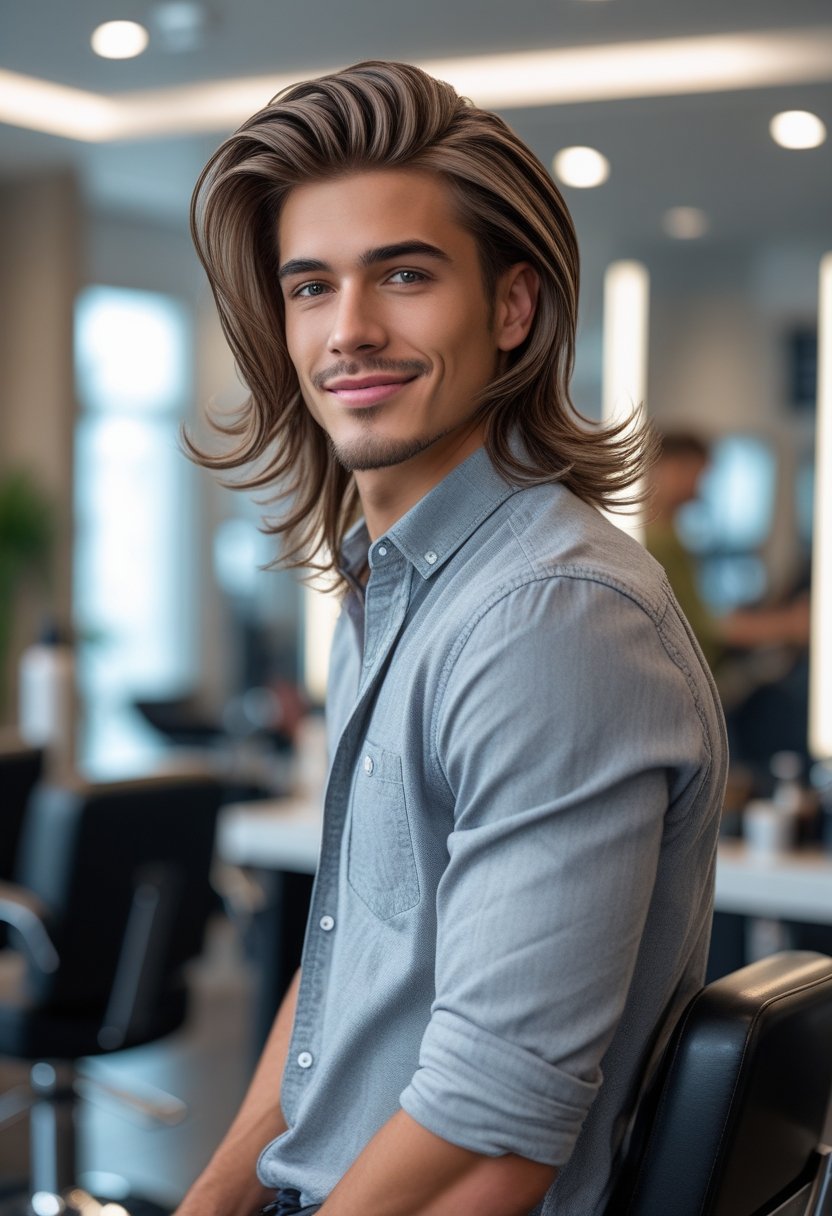 A young man with long layered hair smiling in a modern salon setting.